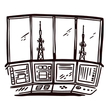 Radio tower control room with multiple screens and antennas vector