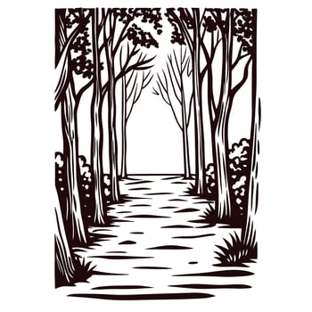 Black and white forest pathway with tall trees in a serene woodland setting vector