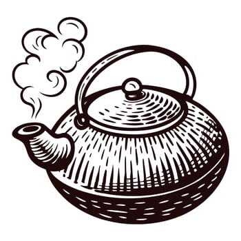 Vintage hand drawn teapot with steam rising from spout vector