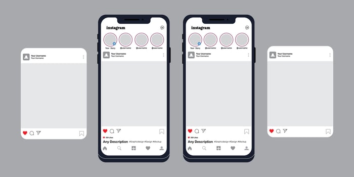 Three identical blank Instagram post templates on smartphones showcasing a modern social media post layout vector