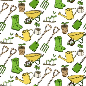 eamless hand drawn garden pattern with tools, seedlings, boots and watering cans in green and yellow colors. Concept of gardening, springtime and eco-friendly lifestyle in a playful style vector