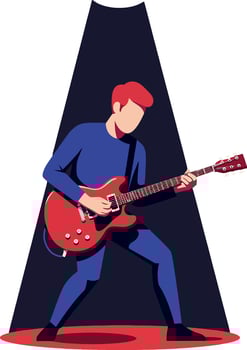 Male Electric Guitar Player Performing on Stage with Red Guitar and Spotlight Illustration vector