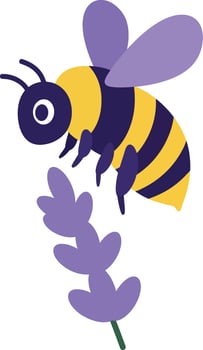 Bee hovering near purple lavender flower illustration with yellow and black colors vector