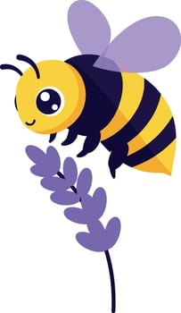 Cute bee flying over purple lavender flower illustration with yellow and black stripes vector