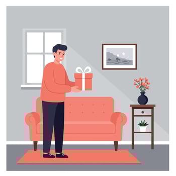 Man holding gift box in cozy living room with coral sofa and gray walls vector