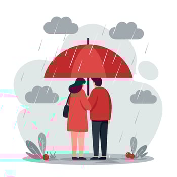 Couple under red umbrella in rainy weather illustration with grey clouds and plants vector