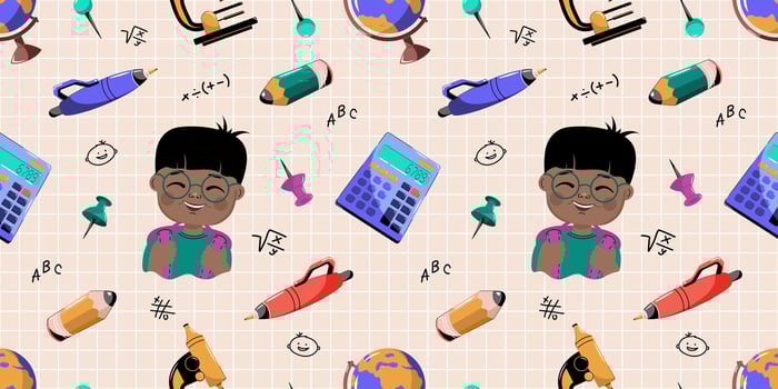 Seamless background on a school theme. Pattern with schoolboy and school accessories. vector