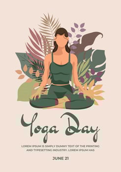 International Yoga Day. June 21. Girl Sitting in Lotus Position with Leaves and Branches in the Background. Woman is Doing Yoga, Practicing, Meditating. Flyer, banner, poster. Illustration. vector