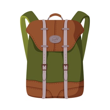 Green and Brown Backpack, Front View of Schoolbag or Camping Knapsack Flat Style Illustration on White Background vector