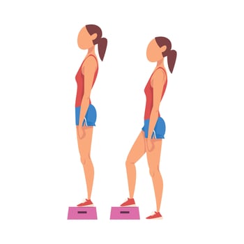 Woman Doing Exercise Using Steps Platform in Two Steps, Girl Doing Sports Firming her Body, Buttock Workout Illustration on White Background vector