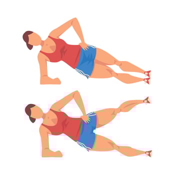 Woman Doing Leg Rise Exercise in Two Steps, Girl Doing Sports Firming her Body, Buttock Workout Illustration on White Background vector