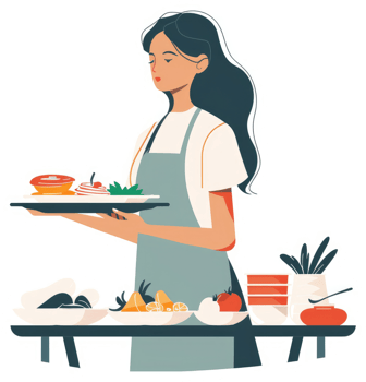 A woman in an apron serves food on a tray. png