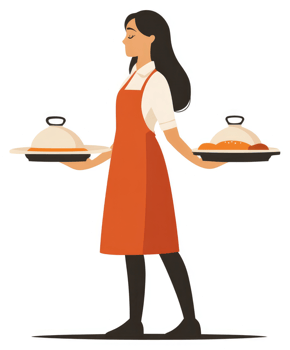 A woman in an apron carrying trays of food. png