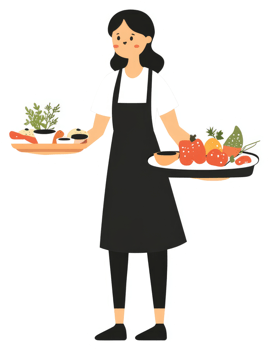 A cartoon woman in an apron carrying trays of food. png