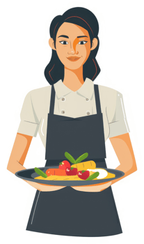 A smiling woman server holding a tray of assorted colorful vegetables. png