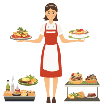 A woman in a red apron serves various food items on platters. png