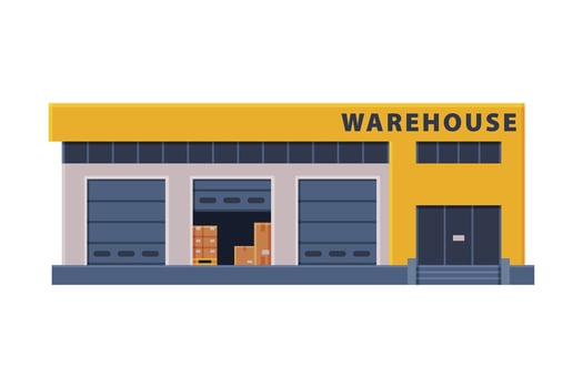 Modern Warehouse Building, Industrial Construction Flat Style Illustration on White Background vector