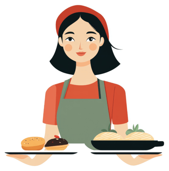 A woman chef presenting a selection of pastries and pasta. png
