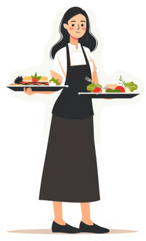 A smiling woman in a chef's uniform serving food on trays. png