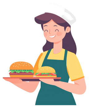 A cheerful woman in an apron, holding a tray of delicious burgers. png