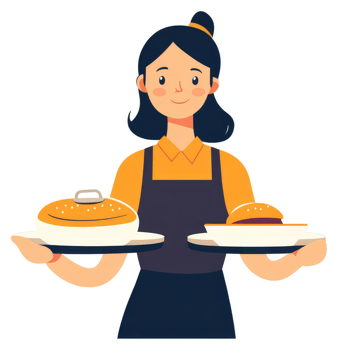 A smiling woman food server carrying trays of food. png