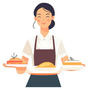 A cheerful server holding various culinary delights. png