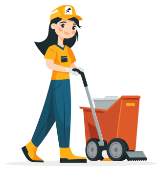 A cheerful worker pushing a cleaning cart. png