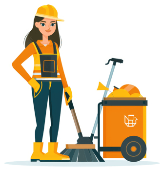 A female sanitation worker with a cleaning cart and tools. png