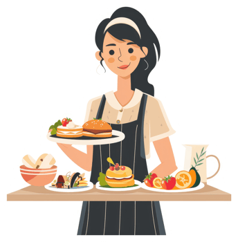 A woman serving a variety of delicious breakfast foods. png