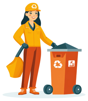 A recycling worker stands by a recycling bin. png