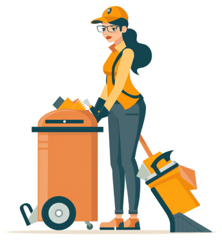 A female sanitation worker empties a large trash container. png