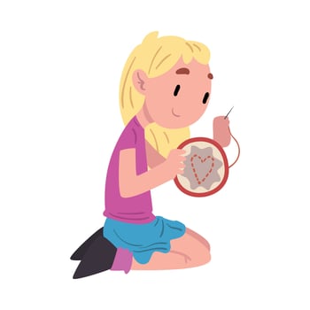 Cute Girl Sitting on the Floor and Embroidering, Child Daily Routine Activity Cartoon Style Illustration on White Background vector