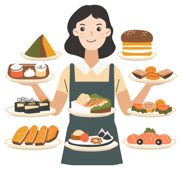 A variety of delicious food items presented by a friendly server. png