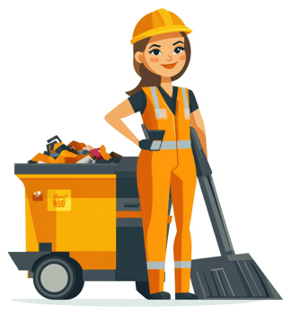 A female sanitation worker stands beside a mobile garbage compactor. png