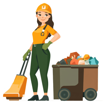 A female sanitation worker with a waste cart full of trash. png