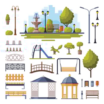 Urban Infrastructure Design Elements Collection, City Public Park Objects Flat Style Illustration on White Background vector