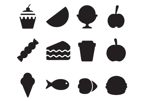 a set of black icons that include food and drink vector