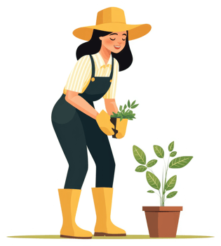 A woman in gardening overalls planting a small plant in a pot. png