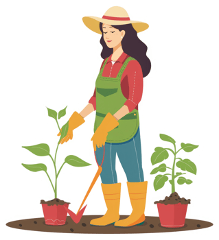 A woman gardener tending to young plants in a garden. png