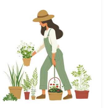 A woman gardener tending to various potted plants in a garden. png