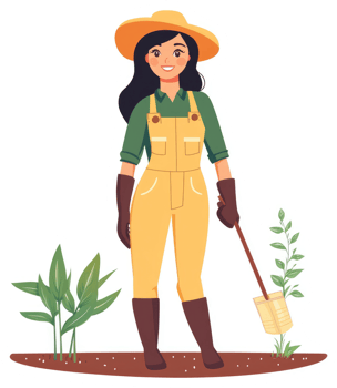A cheerful female gardener plants a seedling in the garden. png