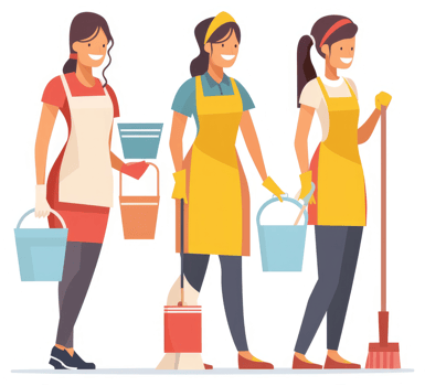 Three female janitors with cleaning supplies. png