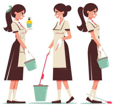Three female janitors in uniform, demonstrating cleaning tasks. png