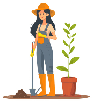 A woman gardener plants a seedling in a terracotta pot. png