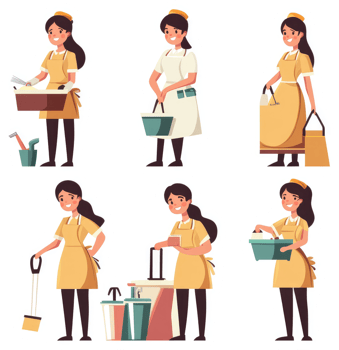 Various poses of a smiling woman in a yellow apron, depicting different service roles. png