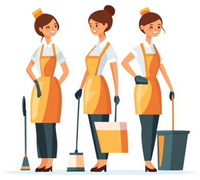 Three cheerful janitors with cleaning supplies. png
