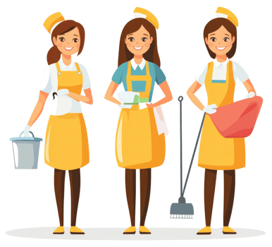 Three smiling cleaning staff in yellow aprons. png