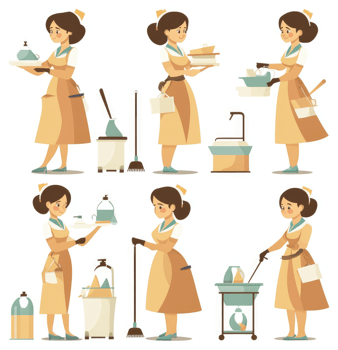Various women in beige aprons performing cleaning and service tasks. png