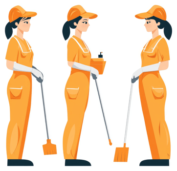 Two female sanitation workers in orange uniforms holding cleaning tools. png