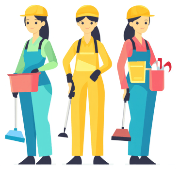 Three female janitors in colorful uniforms with cleaning supplies. png